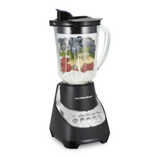 Black countertop blender with 48 oz glass jar and handle, filled with fruit