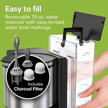 Stainless coffee maker with removable charcoal filter and clear water reservoir