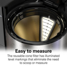 Coffee maker filter basket with reusable cone and visible cup measurement markings