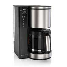 14-cup coffee maker with stainless steel carafe, black base, and digital control panel