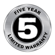 Five Year Limited Warranty seal emblem in silver and black.