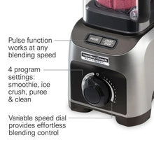 Blender control panel with variable speed dial and pulse plus start/stop buttons.