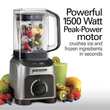Hamilton Beach blender with clear jar, black base, and mixed contents inside