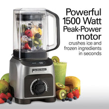Quiet blender with clear jar, black lid, and stainless-gray base with speed dial.