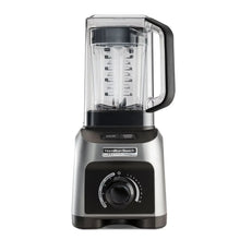 Quiet blender base with clear 32 fl oz jar and black handle, stainless-gray body.