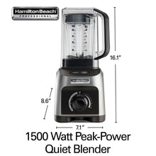 Hamilton Beach quiet blender with clear jar and 1500 watt peak-power labeling