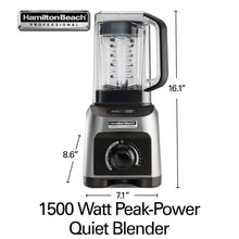Quiet blender with clear jar and stainless-gray base, shown with overall size markers.