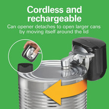 Cordless can opener gripping the can rim with chrome cutter mechanism