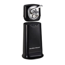 Black cordless electric can opener with chrome cutting head and base