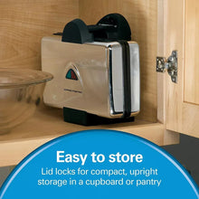 Belgian waffle maker on a kitchen counter with compact upright design and locking lid