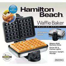 Belgian waffle maker with stainless steel body, open lid, and black waffle grid plates