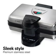 Belgian waffle maker with premium stainless exterior, black control dial, and handle