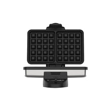 Belgian waffle maker with hinged lid open, black square waffle grids, silver base