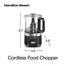 Cordless food chopper with clear work bowl, black base, and OFF control switch