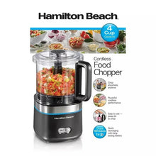 Cordless food chopper with clear container, black base, and blade inside