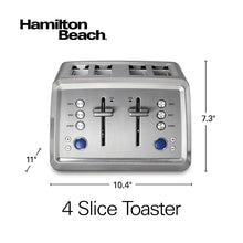 4-slice toaster front view with blue-lit buttons and two toasting levers