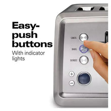 Toaster control panel with easy-push buttons and a blue indicator dial