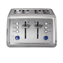 Stainless steel 4-slice digital toaster with blue control knobs and dual lever slots