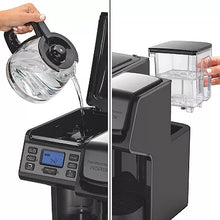 FlexBrew Trio coffee maker with hand pouring water into reservoir and clear cups