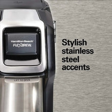 Black coffee maker with stainless steel accents and front screen