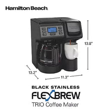 Black FlexBrew Trio coffee maker size diagram with mug and carafe