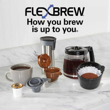 FlexBrew trio coffee maker with mug, pods, and carafe on countertop