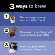 3 brew options chart for single pods, ground coffee, and 12-cup carafe