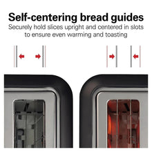 2-slice toaster showing self-centering bread guides inside the slots