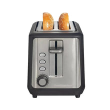 2-slice toaster with stainless steel front, black base, and bread-lift lever