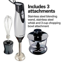Hand blender with whisk, chopper, and 3-cup bowl attachments