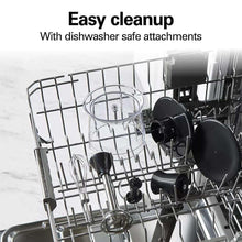 Dishwasher-safe hand blender attachments in a dishwasher rack