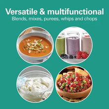 Four bowls of blended foods: soup, smoothie, cream, and chopped salad