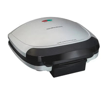 Indoor electric grill with open lid, black cooking base and front drip tray