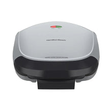 Indoor electric grill with domed lid and black base, stainless-gray housing