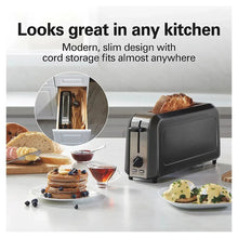 Long-slot toaster with slim body, control buttons, and toast slot