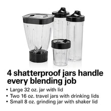 Blender pitcher with four clear shatterproof jars and black blade lids