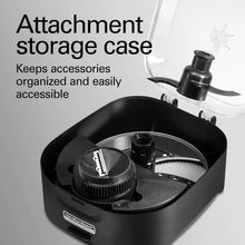 Black attachment storage case with multiple food processor blades and center spindle
