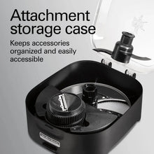 Food processor attachment storage case holding blades and slicing discs
