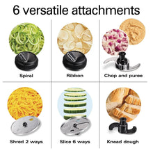 Food processor attachments set: spiral, ribbon, chop/puree, shred, slice, knead dough