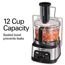 Food processor with clear sealed bowl and black feed tube, stainless base