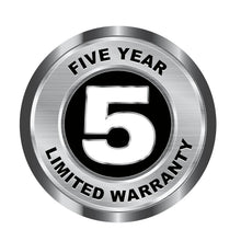 Five-year limited warranty emblem on circular metal badge