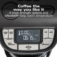 Coffee maker control panel with digital display, brew strength buttons, and keep-warm