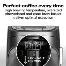 Programmable coffee maker showing brewing window inside the top chamber