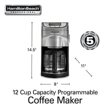 12-cup programmable coffee maker with stainless upper housing and black brew basket