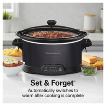 Hamilton Beach 7-quart programmable slow cooker with lid, filled with stew