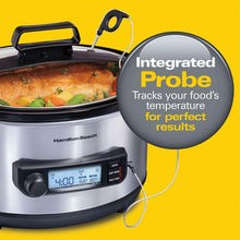 Slow cooker with integrated temperature probe and lid, showing control panel