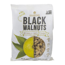 Hammons black walnuts bag front with naturally bold flavor and leaf imagery