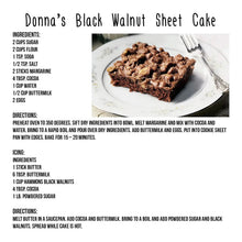 Donna’s black walnut sheet cake recipe card with ingredients and directions