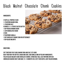 Black walnut chocolate chunk cookies recipe card with ingredients and directions