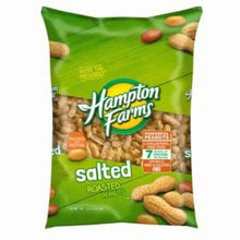 Green package of salted roasted in-shell peanuts with nuts photo and label details